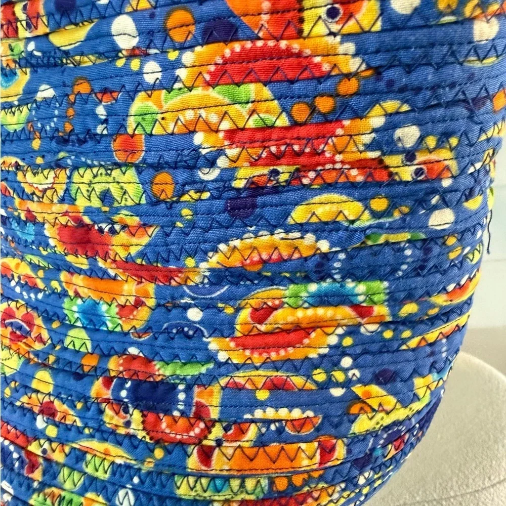 Handmade Coiled Rope Basket Tote Bag - Blue and Yellow Floral
